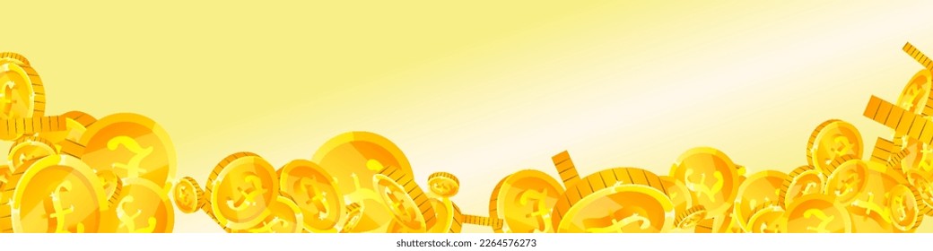 British pound coins falling. Scattered gold GBP coins.  United Kingdom money. Global financial crisis concept. Panoramic vector illustration.