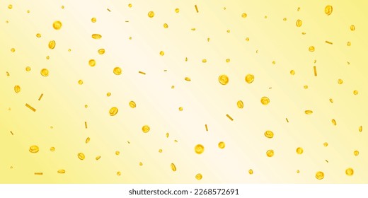 British pound coins falling. Scattered gold GBP coins.  United Kingdom money. Global financial crisis concept. Wide vector illustration.