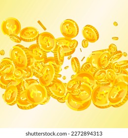 British pound coins falling. Scattered gold GBP coins.  United Kingdom money. Great business success concept. Square vector illustration.