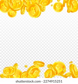 British pound coins falling. Scattered gold GBP coins.  United Kingdom money. Great business success concept. Square vector illustration.