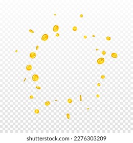 British pound coins falling. Scattered gold GBP coins.  United Kingdom money. Jackpot wealth or success concept. Square vector illustration.