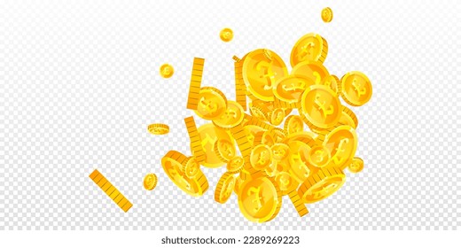 British pound coins falling. Scattered gold GBP coins.  United Kingdom money. Jackpot wealth or success concept. Wide vector illustration.