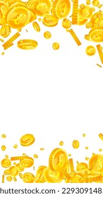 British pound coins falling. Scattered gold GBP coins.  United Kingdom money. Great business success concept. Vector illustration.