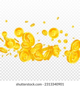 British pound coins falling. Scattered gold GBP coins.  United Kingdom money. Global financial crisis concept. Square vector illustration.