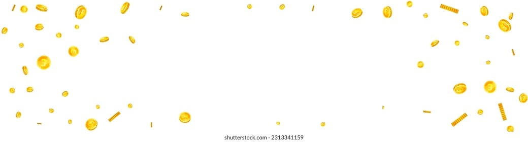British pound coins falling. Scattered gold GBP coins.  United Kingdom money. Global financial crisis concept. Panoramic vector illustration.