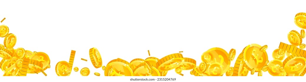 British pound coins falling. Scattered gold GBP coins.  United Kingdom money. Great business success concept. Panoramic vector illustration.