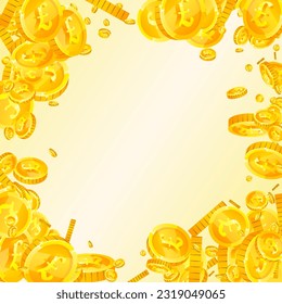 Britische Pfund-Münzen fallen. Geschlagene Goldmünzen in GBP.  Geld des Vereinigten Königreichs. Jackpot-Reichtum oder Erfolgskonzept. Square, Vektorgrafik.