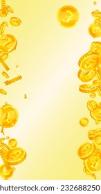 British pound coins falling. Scattered gold GBP coins.  United Kingdom money. Global financial crisis concept. Vector illustration.