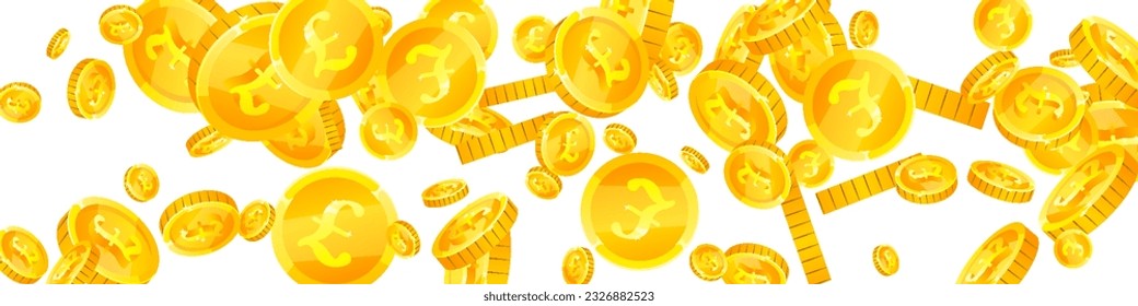British pound coins falling. Scattered gold GBP coins.  United Kingdom money. Jackpot wealth or success concept. Panoramic vector illustration.