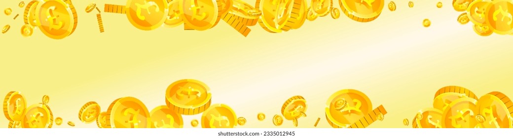 British pound coins falling. Scattered gold GBP coins.  United Kingdom money. Great business success concept. Panoramic vector illustration.