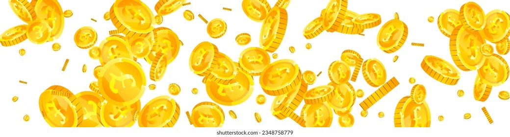 British pound coins falling. Scattered gold GBP coins.  United Kingdom money. Global financial crisis concept. Panoramic vector illustration.