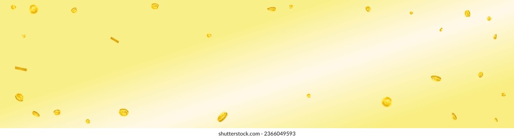 British pound coins falling. Scattered gold GBP coins.  United Kingdom money. Jackpot wealth or success concept. Panoramic vector illustration.