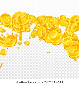 Britische Pfund-Münzen fallen. Geschlagene Goldmünzen in GBP.  Geld des Vereinigten Königreichs. Großartiges Erfolgskonzept für Unternehmen. Square, Vektorgrafik.