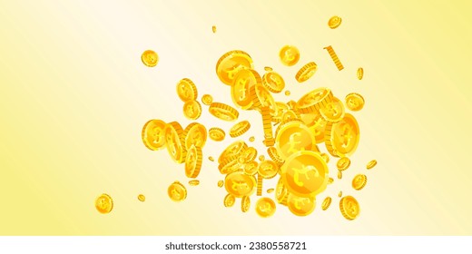 British pound coins falling. Scattered gold GBP coins.  United Kingdom money. Great business success concept. Wide vector illustration.