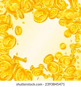 British pound coins falling. Scattered gold GBP coins.  United Kingdom money. Global financial crisis concept. Square vector illustration.