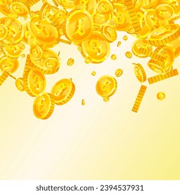 British pound coins falling. Scattered gold GBP coins.  United Kingdom money. Jackpot wealth or success concept. Square vector illustration.