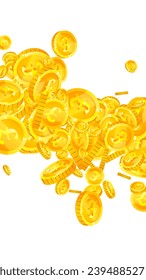 Monedas británicas cayendo. Monedas de oro dispersas GBP.  Dinero del Reino Unido. Gran concepto de éxito empresarial. Ilustración vectorial.