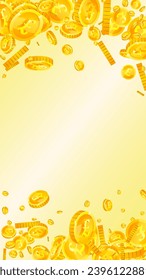 British pound coins falling. Scattered gold GBP coins.  United Kingdom money. Global financial crisis concept. Vector illustration.