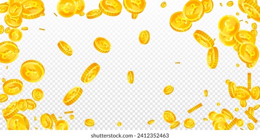 Monedas británicas cayendo. Monedas de oro dispersas GBP.  Dinero del Reino Unido. Concepto de crisis financiera global. Ilustración vectorial amplia.