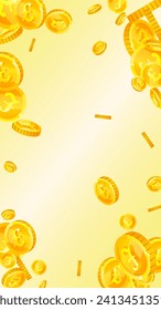 British pound coins falling. Scattered gold GBP coins.  United Kingdom money. Great business success concept. Vector illustration.
