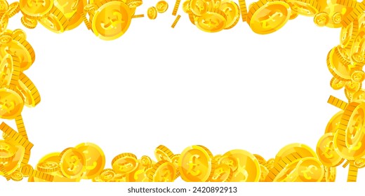 Monedas británicas cayendo. Monedas de oro dispersas GBP.  Dinero del Reino Unido. Gran concepto de éxito empresarial. Ilustración vectorial amplia.