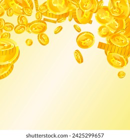 Las monedas de libras británicas caen. Monedas dispersas de oro GBP.  Dinero del Reino Unido. Bote de riqueza o concepto de éxito. Ilustración de vector cuadrado.