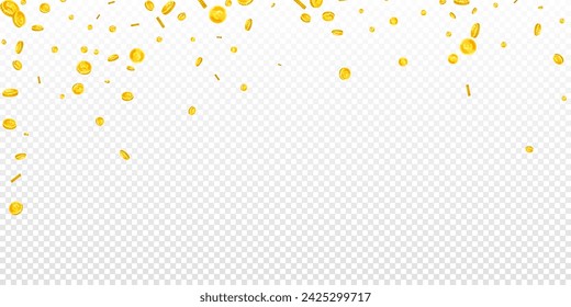 British pound coins falling. Scattered gold GBP coins.  United Kingdom money. Jackpot wealth or success concept. Wide vector illustration.