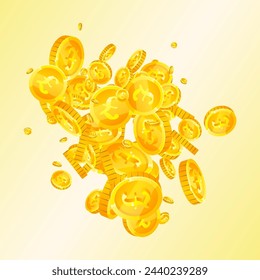 Las monedas de libras británicas caen. Monedas dispersas de oro GBP.  Dinero del Reino Unido. Gran concepto de éxito empresarial. Ilustración de vector cuadrado.
