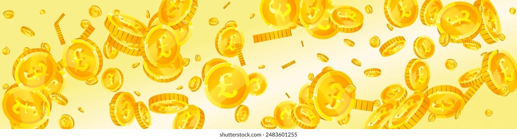 Las monedas de libras británicas caen. Monedas dispersas de oro GBP.  Dinero del Reino Unido. Bote de riqueza o concepto de éxito. Ilustración vectorial panorámica.