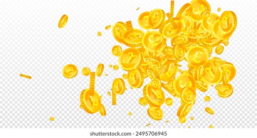 Britische Pfund Münzen fallen. Verstreute Gold GBP Münzen.  Geld des Vereinigten Königreichs. Konzept der globalen Finanzkrise. Große Vektorillustration.