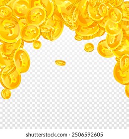 British pound coins falling. Scattered gold GBP coins.  United Kingdom money. Jackpot wealth or success concept. Square vector illustration.