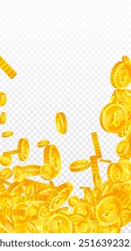 British pound coins falling. Scattered gold GBP coins.  United Kingdom money. Global financial crisis concept. Vector illustration.