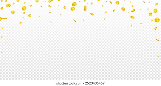 British pound coins falling. Scattered gold GBP coins.  United Kingdom money. Great business success concept. Wide vector illustration.