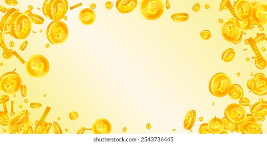 Monedas de libra británica cayendo. Monedas dispersas de oro GBP.  Dinero del Reino Unido. Gran concepto de éxito empresarial. Amplia Ilustración vectorial.