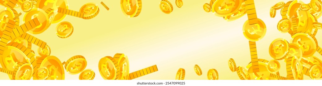 Monedas de libra británica cayendo. Monedas dispersas de oro GBP.  Dinero del Reino Unido. Gran concepto de éxito empresarial. Ilustración vectorial panorámica.