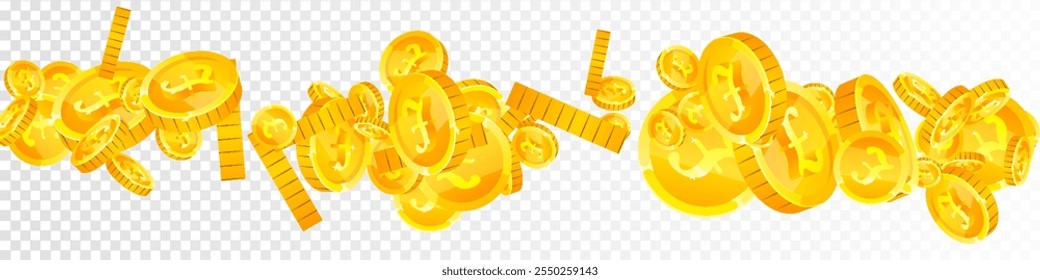 Monedas de libra británica cayendo. Monedas dispersas de oro GBP.  Dinero del Reino Unido. Concepto de crisis financiera mundial. Ilustración vectorial panorámica.