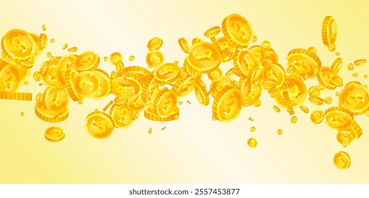 British pound coins falling. Scattered gold GBP coins.  United Kingdom money. Jackpot wealth or success concept. Wide vector illustration.