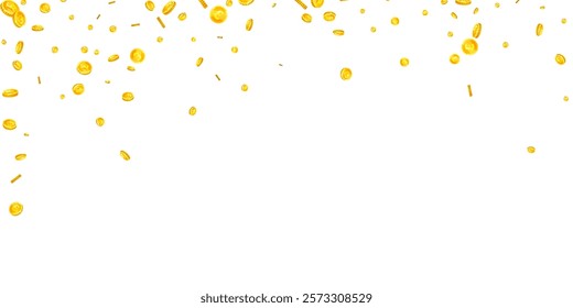 British pound coins falling. Scattered gold GBP coins.  United Kingdom money. Jackpot wealth or success concept. Wide vector illustration.