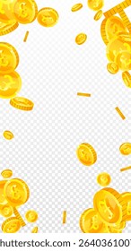British pound coins falling. Scattered gold GBP coins.  United Kingdom money. Jackpot wealth or success concept. Vector illustration.