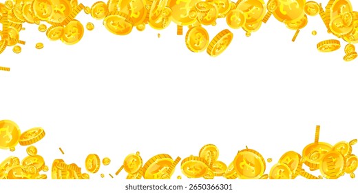 British pound coins falling. Scattered gold GBP coins.  United Kingdom money. Jackpot wealth or success concept. Wide vector illustration.