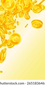 Moedas de libra britânica caindo. Moedas de ouro e GBP espalhadas. Dinheiro do Reino Unido. Grande conceito de sucesso empresarial. Ilustração vetorial.