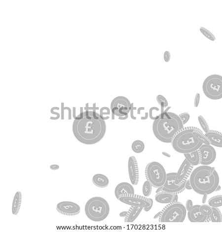 British pound coins falling. Scattered black and white GBP floating coins. Jackpot or success concept. Positive scattered bottom right corner vector illustration.