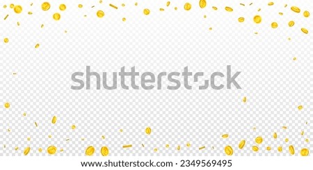 British pound coins falling. Scattered gold GBP coins.  United Kingdom money. Great business success concept. Wide vector illustration.