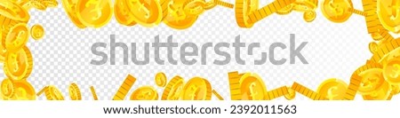 British pound coins falling. Scattered gold GBP coins.  United Kingdom money. Jackpot wealth or success concept. Panoramic vector illustration.
