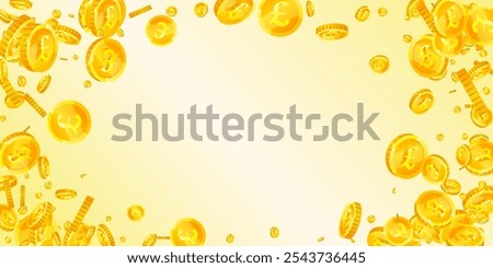 British pound coins falling. Scattered gold GBP coins.  United Kingdom money. Great business success concept. Wide vector illustration.