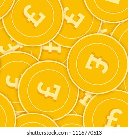 British pound coins seamless pattern. Bold scattered GBP coins. Big win or success concept. United Kingdom big shadow money pattern. Coin tile vector illustration.