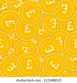 British pound coins seamless pattern. Brilliant scattered GBP coins. Big win or success concept. United Kingdom chaotic shadow money pattern. Coin tile vector illustration.