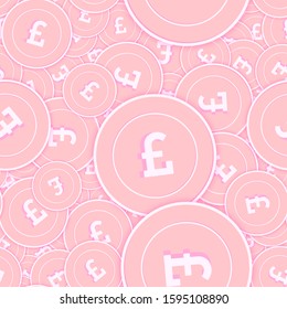 British pound copper coins seamless pattern. Extra scattered pink GBP coins. Success concept. United Kingdom money pattern. Coin vector illustration.