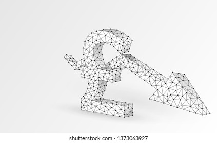 British Pound currency, Downtrend arrow digital origami 3d illustration. Polygonal Vector business crisis, crash, data cash, finance concept. Low poly wireframe, triangle, lines, dot. White background