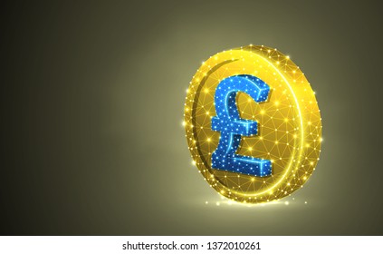 British Pound currency. Golden Coin colorful 3d illustration. Colorful Polygonal Vector business, money, finance, cash, circle concept. Low poly wireframe, triangle, lines, dots, polygons